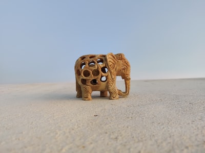 白天在白沙上的棕色木制大象雕像